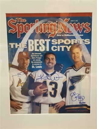 2000 " The Sporting News " 3x Auto Cover - Kurt Warner,  Chris Pronger,  Jim Edmunds