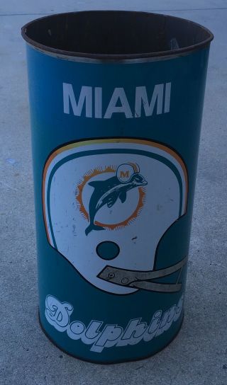 Vintage 1970’s Miami Dolphins Metal Trash Can 19.  5”x10.  5”,  Gift