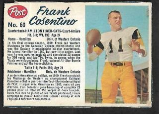 1962 Post Cfl Football: 60 Frank Cosentino Rc Qb,  Hamilton Tiger Cats