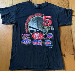 Vintage Logo 7 San Francisco 49ers 5 Time Bowl Champs T - Shirt Adult Large