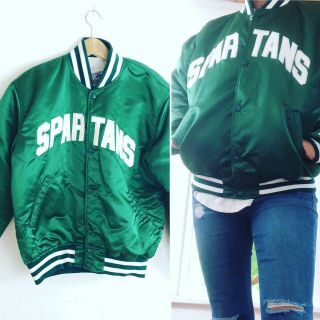 Vintage Starter Michigan State University Satin Jacket Green Usa 80s Mens L