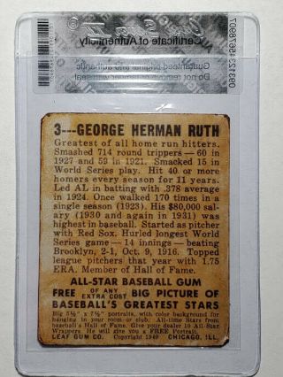 1949 Leaf 3 BABE RUTH York Yankees Baseball Card 2