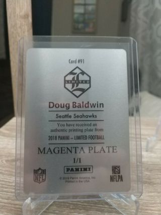 2018 DOUG BALDWIN 1/1 Seattle Seahawks Print Plate Magenta Limited Football NFL 3