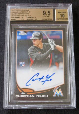Christian Yelich 2013 Topps Chrome Black Refractor Rc D/100 Bgs 9.  5 Auto 10
