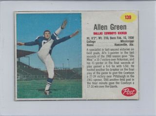 1962 Post Cereal Football 139 Allen Green Dallas Cowboys