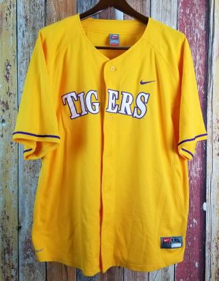 Vintage Nike Lsu Tigers Yellow Gold Sewn Baseball Team Fit Dry Jersey Size Xxl