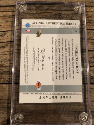 2002 Ud Honor Roll Kobe Bryant All - Nba Authentic Game Worn Jersey Lakers