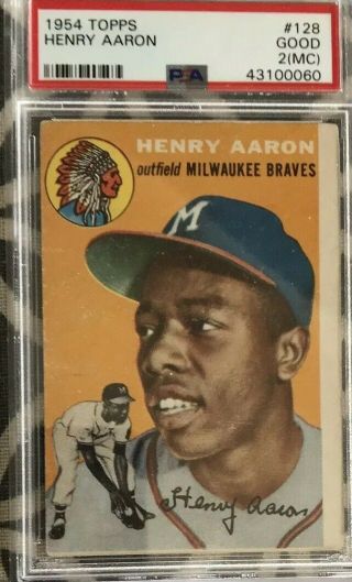 1954 Topps 128 Hank Aaron Hof Rc Psa 2 (mc) Good Mil Atl Braves Baseball Rookie