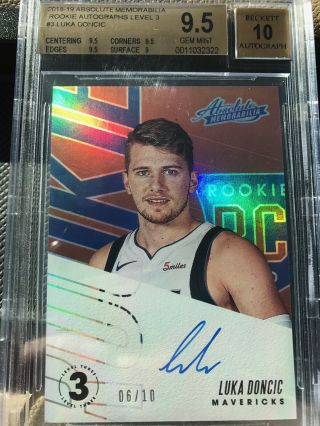 Only 10 Made 2018 Absolute Luka Doncic Rookie Auto Level 3 Rc 3 Bgs 9.  5 /10