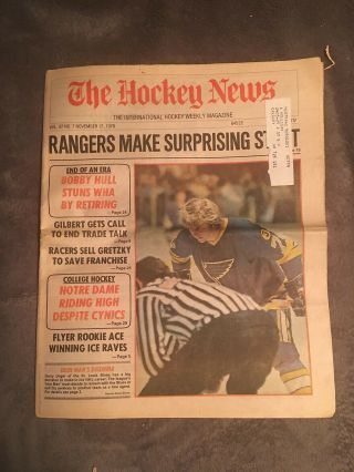 The Hockey News,  Nov 17,  1978,  Vol 32 No 7,  40p: Racers Sell Gretzky,  Hull Retir