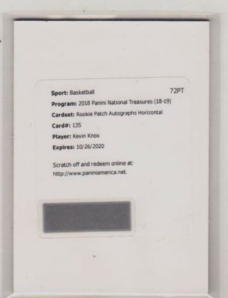 2018 - 19 National Treasures Horizontal Rc Rookie Patch Auto Rpa Kevin Knox /49