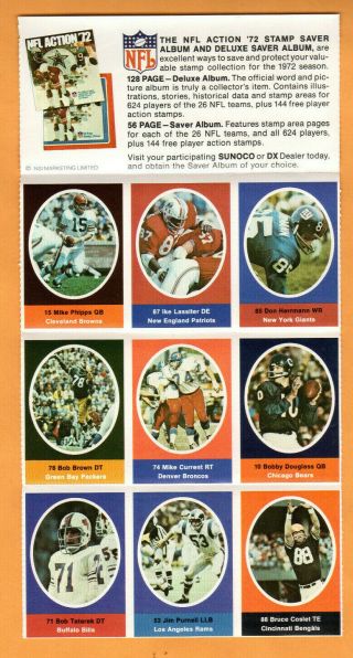 1972 Sunoco Nfl Action Stamps - 9 Stamp Sheet - Mike Phipps,  Bobby Douglass,