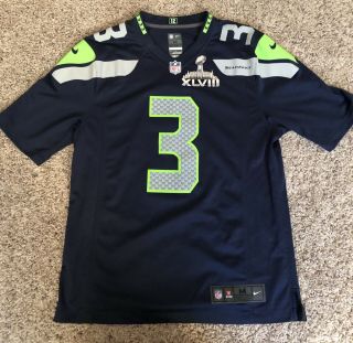 Nike Bowl 48 Russell Wilson 3 Seattle Seahawks Home Navy Jersey Size M