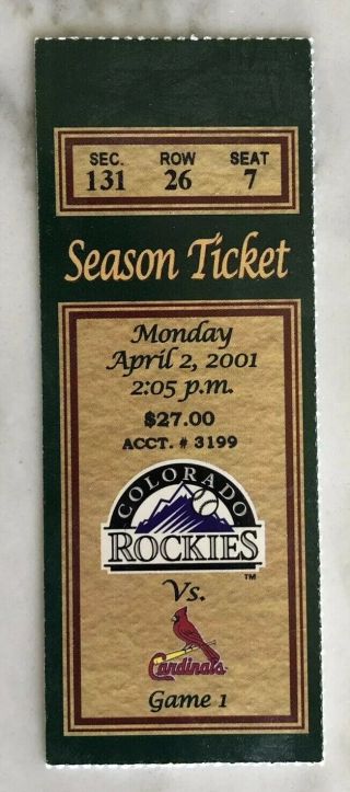 2001 04/02 Cardinals @ Rockies; Albert Pujols Mlb Debut/1st Hit Ticket