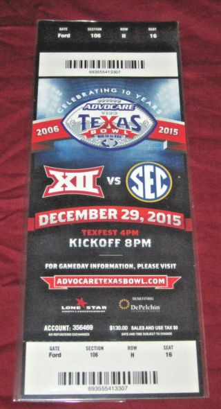 2015 Texas Bowl Full Football Ticket Lsu Vs Texas Tech