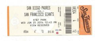2014 Sf Giants Vs Padres Ticket Stub Tim Lincecum No Hitter 6/25/14 Bo