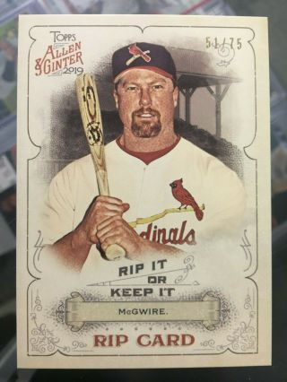 2019 Topps Allen & Ginter Unripped Rip Card Mark Mcgwire Cardinals /75