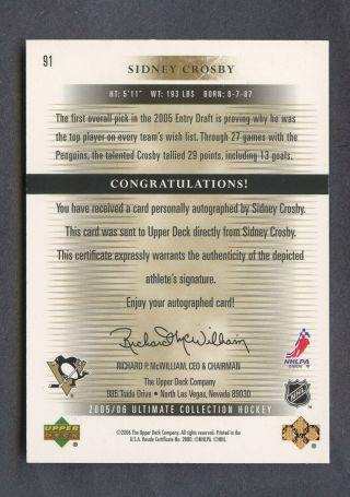 2005 - 06 UD Ultimate 91 Sidney Crosby Penguins RC Rookie AUTO 198/299 2