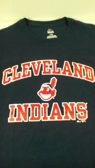 Cleveland Indians Mlb Tee T Shirt Chief Wahoo Majestic Mens Large Dark Blue Euc