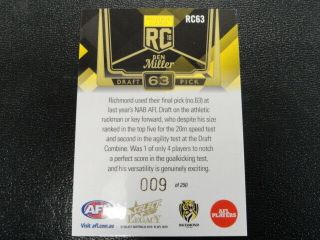 2018 Afl Select Legacy Rookie Card Rc63 Ben Miller Richmond 009/250