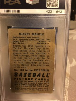 Mickey Mantle 1952 Bowman 101 PSA Good 2 4