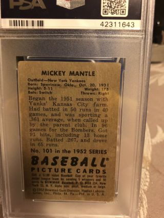 Mickey Mantle 1952 Bowman 101 PSA Good 2 5