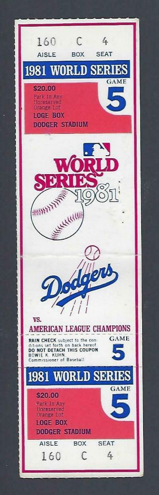 1981 World Series Ny Yankees @ La Dodgers Full Baseball Ticket Game 5