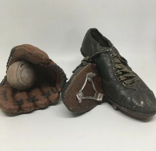 Cast Metal Vintage Baseball Glove And Baseball Shoes Cleats