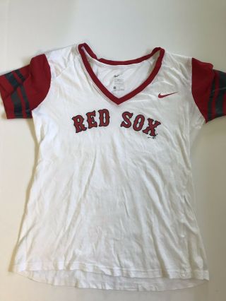 Nike Women’s Boston Red Sox V Neck T - Shirt Size Large White With Red Sleeves