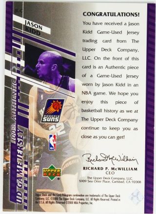 2000 Upper Deck JK - C Phoenix Suns Jason Kidd Game Jersey Basketball Card O556 2