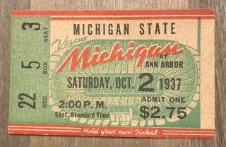 Michigan State Versus Michigan At Ann Arbor Football Ticket Stub Oct 2 1937