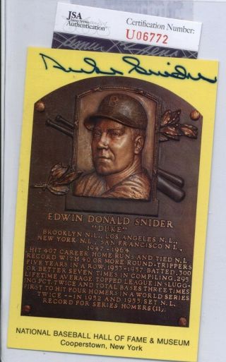 Duke Snider (d.  2011) Dodgers Signed Hall Of Fame Yellow Plaque Postcard - Jsa