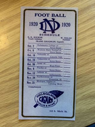 1920 Knute Rockne Notre Dame Football Pocket Schedule George Gipp