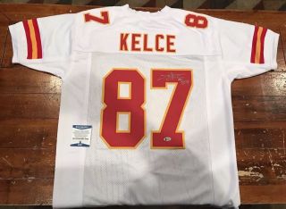 Travis Kelce Autographed Custom Kansas City Chiefs White Jersey Witness Beckett