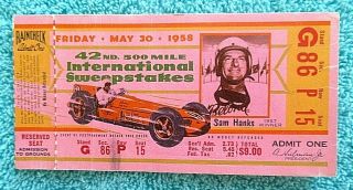 1958 Indianapolis 500 Race Ticket Stub 42nd Annual 500 Mile Jimmy Bryan