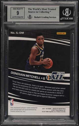 2017 Absolute Memorabilia Donovan Mitchell ROOKIE RC AUTO PATCH /99 BGS 9 (PWCC) 2