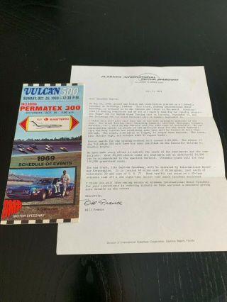Vintage 1969 Alabama Motor Speedway 1st Talladega 500 Brochure W/b.  France Letter