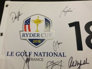 Team U.  S Signed Ryder Cup Golf Flag 2018 Le Golf National 8 Autos Phil Mickelson 2