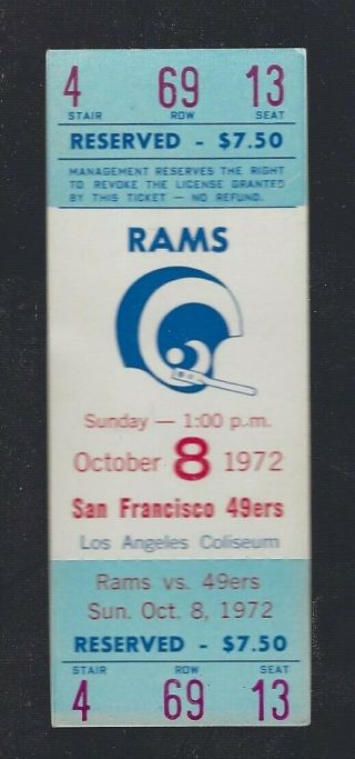 1972 Nfl San Francisco 49ers @ Los Angeles Rams Full Football Ticket