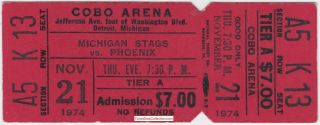 1974 Wha Michigan Stags Full Hockey Ticket Not Stub Phoenix Roadrunners 11/21/74