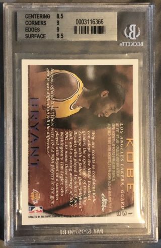 Kobe Bryant 1996 - 97 Topps Chrome RC Rookie 238 BGS 9 Old Label 2