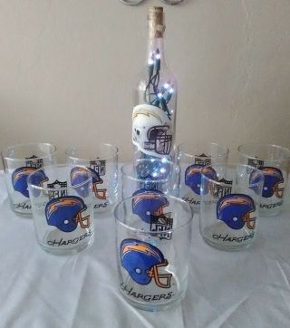 Set Of 9 San Diego Chargers Football Rock Glasses Whiskey Bottle Light