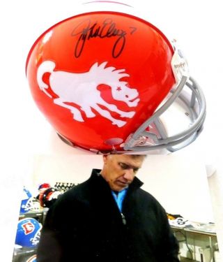 John Elway 7 Autograph Signed Broncos Mini Helmet Picture Of Signing &
