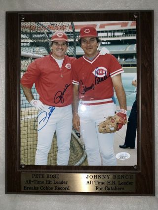 Johnny Bench & Pete Rose Cincinnati Reds Dual Autographed 8x10 Plaque W/ Jsa
