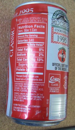 1995 Colorado Rockies Coors Field Inaugural Year Season Coca Cola can EMPTY Coke 2
