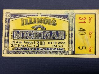 1930 Michigan Vs Illinois Football Ticket Stub