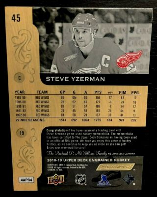 2/10 STEVE YZERMAN 2018 - 19 Upper Deck Engrained Hockey Game Worn Patch Red Wings 2