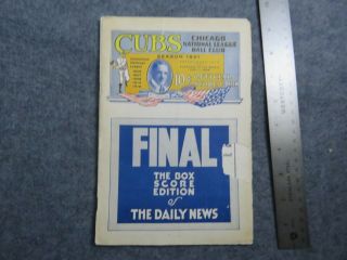 Ebab Chicago Cubs 1921 Baseball Official Score Card - Daily News Final Box Sco