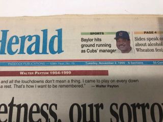 Nov 2,  1999 Daily Herald Walter Payton Complete Newspaper - Chicago Bears 2
