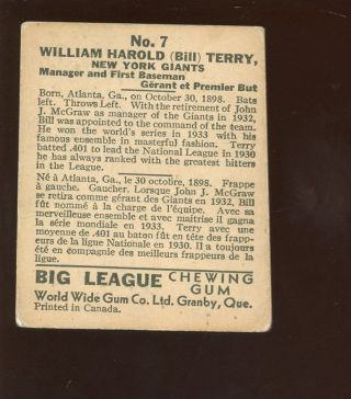 1936 Worldwide Gum Canadian Goudey Baseball Card 7 HOFER Bill Terry 2